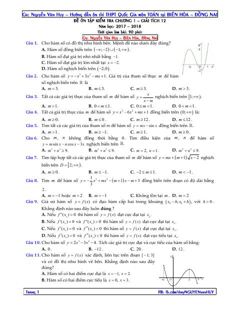 Đề kiểm tra Giải tích 12 chương 1 (Hàm số) – Nguyễn Văn Huy
